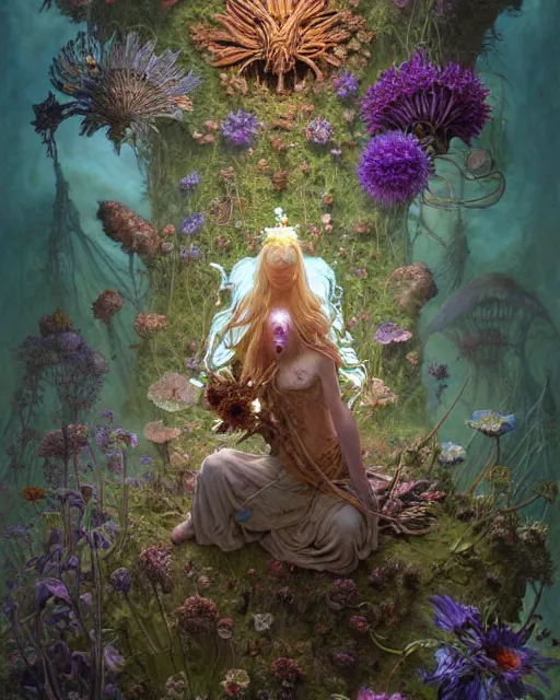 Image similar to the platonic ideal of flowers, rotting, insects and praying of cletus kasady carnage davinci dementor wild hunt chtulu mandelbulb mandala ponyo dinotopia the witcher, d & d, fantasy, ego death, decay, dmt, psilocybin, concept art by randy vargas and greg rutkowski and ruan jia and alphonse mucha