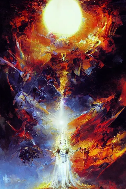 Prompt: we are the gods of the new world order, we are all - seeing, the legion of light! we are the illuminati, the death of the sun, fire and flame, we are one!, by ryohei hase, by john berkey, by jakub rozalski, by john martin