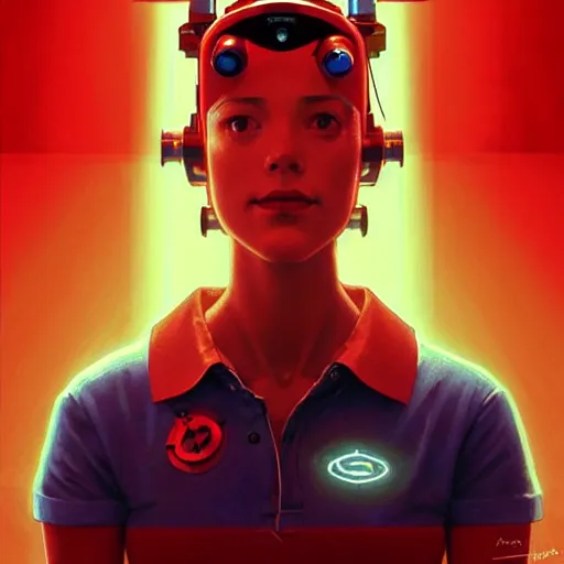 Image similar to the robot from the movie short circuit, wearing a red polo shirt, a gamestop setting, intricate, headshot, highly detailed, digital painting, artstation, concept art, sharp focus, cinematic lighting, illustration, art by artgerm and greg rutkowski, alphonse mucha, cgsociety, edward hopper