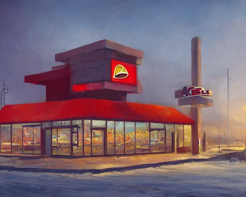 Prompt: an achingly beautiful oil painting of a derelict Taco Bell standing alone in the center of a vibrant futuristic arctic city by Raphael and Hopper.