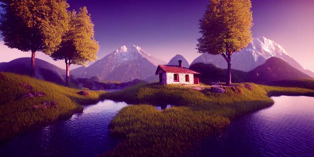 Image similar to a beautiful fantasy landscape, mountain in background, little cottage, small pond, some trees in the corner. hyper realism, octane render