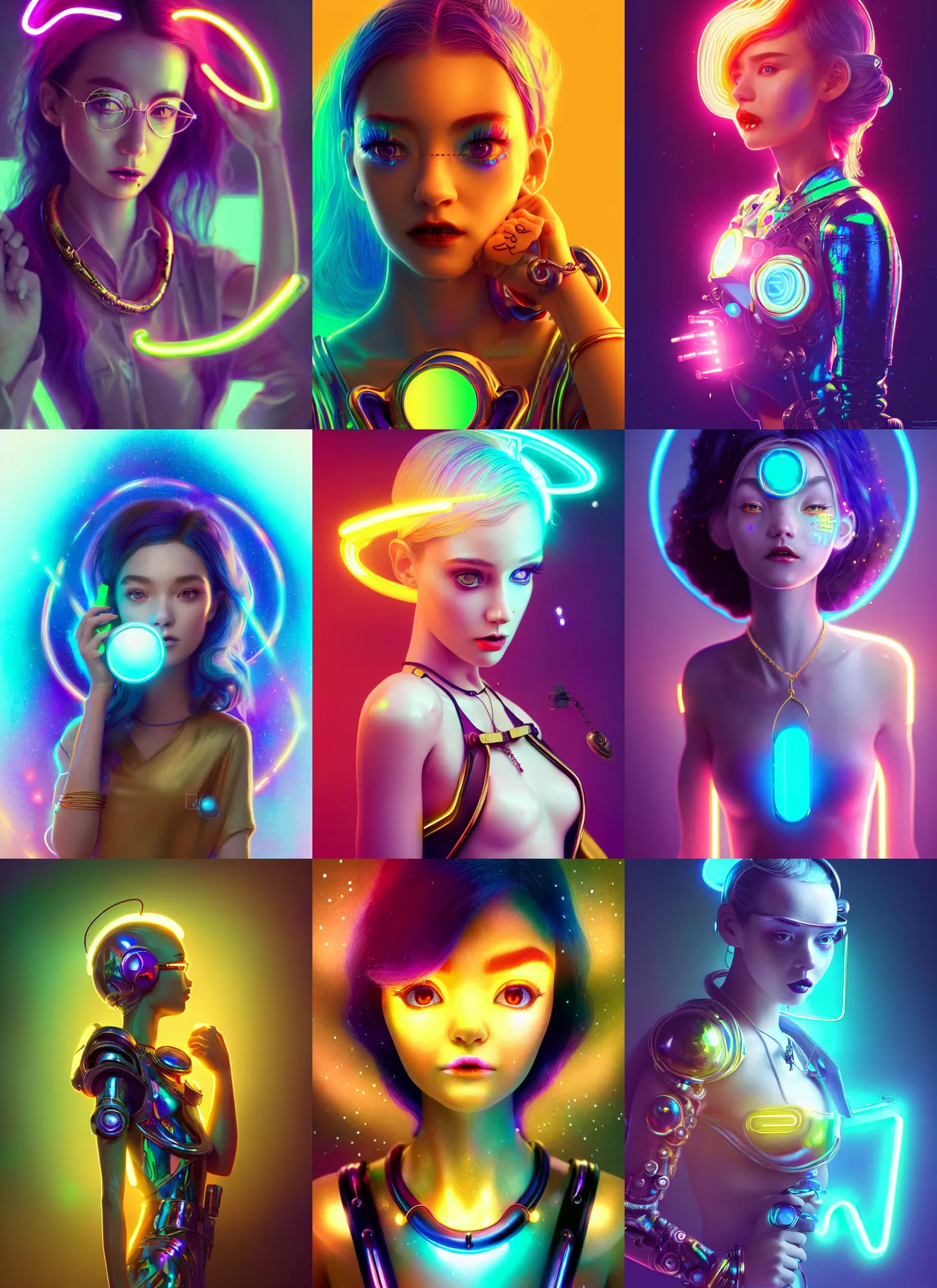 Prompt: pixar 8 k photo, beautiful shiny white porcelain rich galactic iridescent edc ornate clowncore cyborg college girl, neon tube jewelry, golden ratio, sci fi, fantasy, cyberpunk, intricate, decadent, highly detailed, digital painting, octane render, artstation, concept art, smooth, sharp focus, illustration, art by loish, wlop