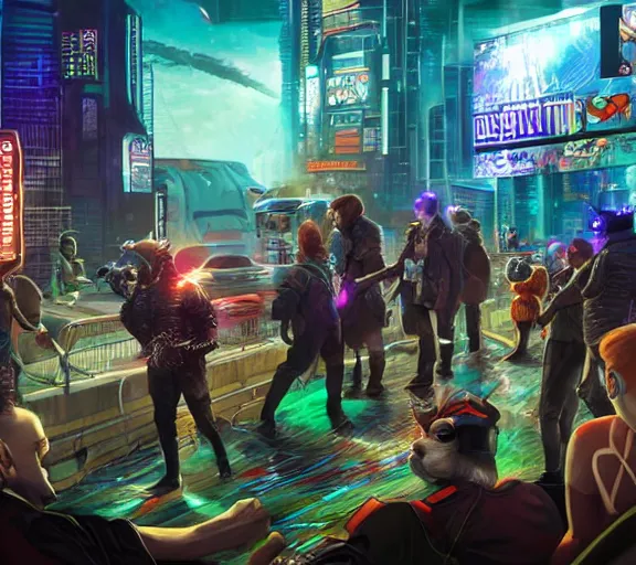 Image similar to high - resolution photograph from a cyberpunk era furry fandom convention ( midwest furfest 2 0 4 7 ), taking place after the genetic revolution and quantum singularity. photorealistic.