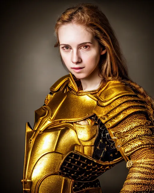 Prompt: award winning photograph portrait of woman in shining golden armor, high production value, intricate details, high resolution, hdr, high definition, masterpiece, realistic, ultrarealistic, highly detailed, hd, sharp focus, non blurry, sharp, smooth