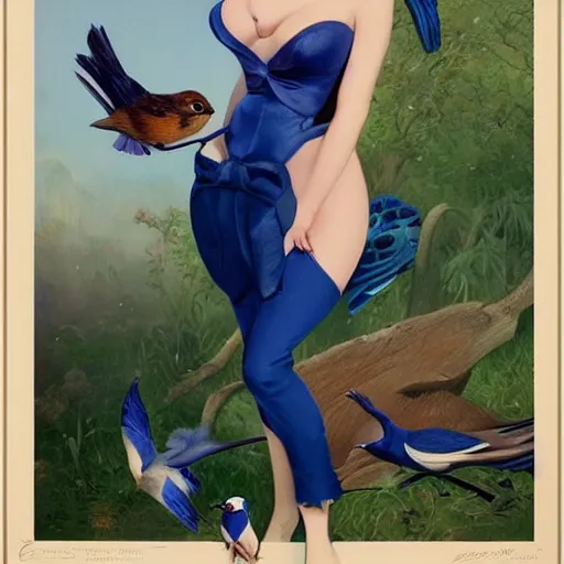 Image similar to portrait of a pinup girl holding an indigo bunting, bird, the bird is wearing a bowtie, by greg rutkowski, rossdraws, gil elvgren, enoch bolles, anime, porcelain skin, very coherent