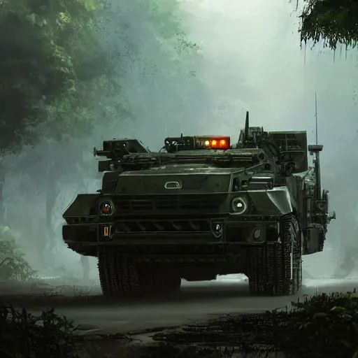 Image similar to an armored vehicle driving through the jungle, dramatic lighting, illustration by Greg rutkowski, yoji shinkawa, 4k, digital art, concept art, trending on artstation