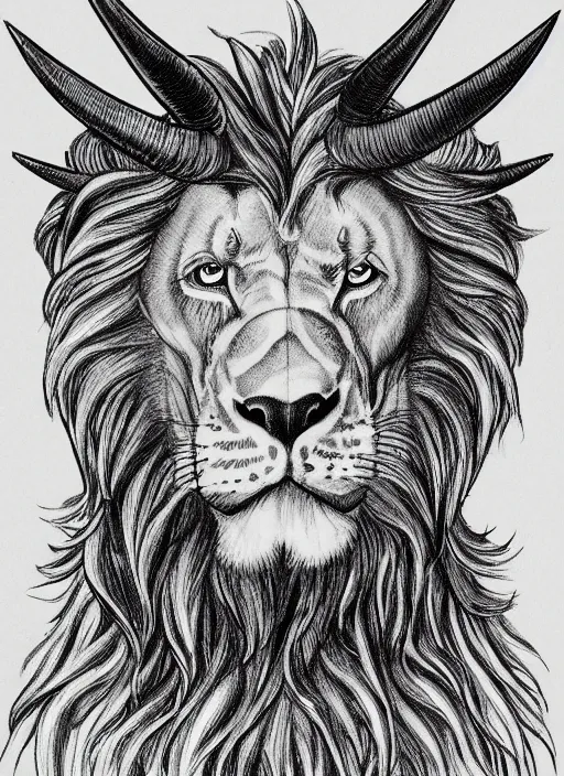 Image similar to a mighty strong creature with the body and eyes of a man with the beak of an eagle the mane of a lion and the horns of an ox. drawn by boris val