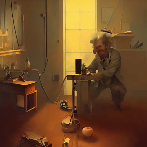 Image similar to the mad scientist at his lab, artwork by Sergey Kolesov