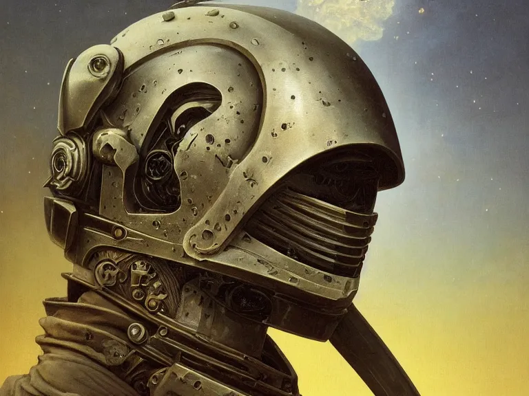 Image similar to a detailed profile painting of a bounty hunter in armour and visor, cinematic sci-fi poster. Cloth and metal. Welding, fire, flames, samurai Flight suit, anatomy portrait symmetrical and science fiction theme with lightning, aurora lighting clouds and stars. Clean and minimal design by beksinski carl spitzweg giger and tuomas korpi. baroque elements. baroque element. intricate artwork by caravaggio. Oil painting. Trending on artstation. 8k