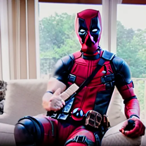 Image similar to a still of deadpool relaxing at home feet up on table