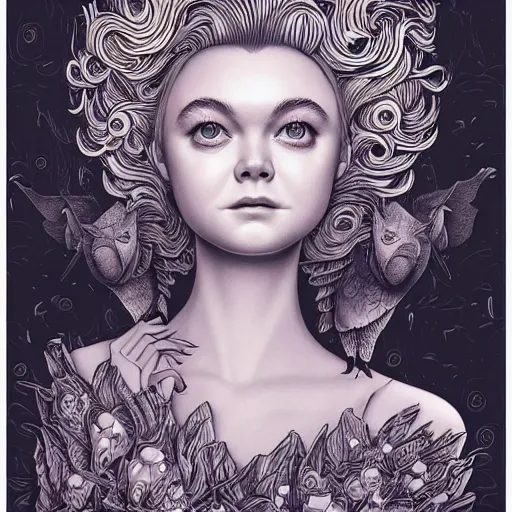 Image similar to professional painting of Elle Fanning in the style of Joe Fenton, head and shoulders portrait, symmetrical facial features, smooth, sharp focus, illustration, intricate, stormy weather, extremely detailed masterpiece,