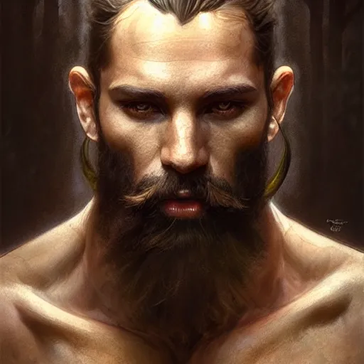 Prompt: portrait of the god of the forest, male, clear face, masculine, beard, upper body, muscular, fantasy, intricate, elegant, dramatic lighting, highly detailed, digital painting, artstation, concept art, matte, sharp focus, illustration, art by artgerm and greg rutkowski and alphonse mucha