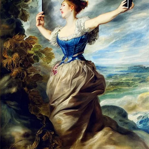 Image similar to heavenly summer sharp land sphere scallop well dressed lady taking a selfie with her cellphone auslese, by peter paul rubens and eugene delacroix and karol bak, hyperrealism, digital illustration, fauvist, cellphone