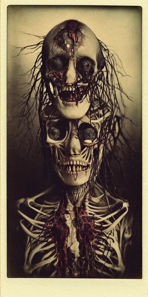 Image similar to an 1 9 1 0 polaroid photography of a very sad and detailed rotten woman corpse with fractal ornate growing around her face muscles, veins, arteries, bones, anatomical, skull, eye, ears, full body, intricate, surreal, ray caesar, john constable, guy denning, dan hillier, black and white