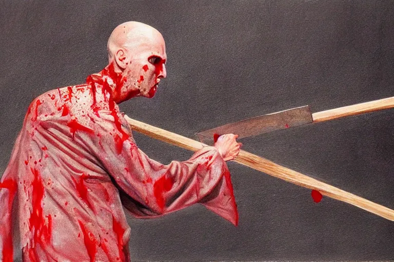 Prompt: Bald Patrick Bateman from American Psycho (2000) swinging an ax in with his hands while wearing a poncho covered in blood, hyperrealism painting, high quality