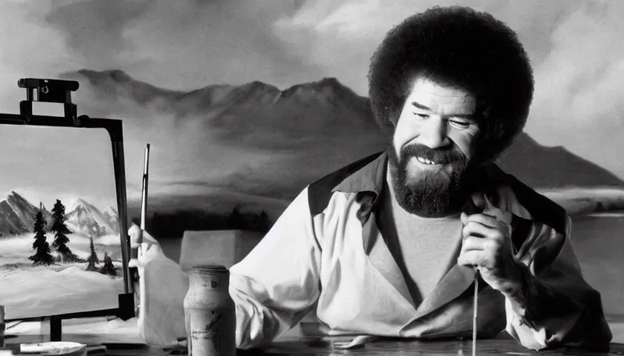 Prompt: bob ross snorting a fat line of cocaine with a beautiful landscape painting on an easel behind him