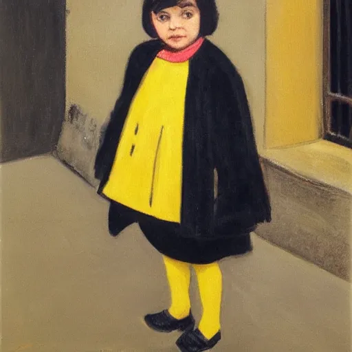 Image similar to a painting of a little girl with short black hair and wearing a yellow coat alone in the inner courtyard of an abbey by hopper