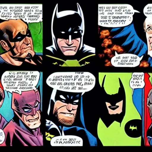 Prompt: george carlin as batman, marvel comic art