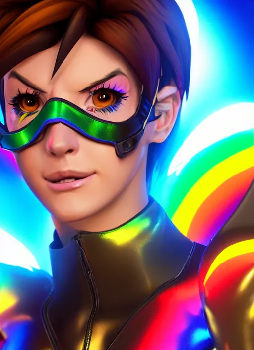Image similar to portrait bust digital artwork of tracer overwatch, wearing iridescent rainbow latex and leather straps catsuit outfit, 4 k, expressive happy smug expression, makeup, in style of mark arian, angel wings, wearing detailed leather collar, chains, black leather harness, detailed face and eyes,