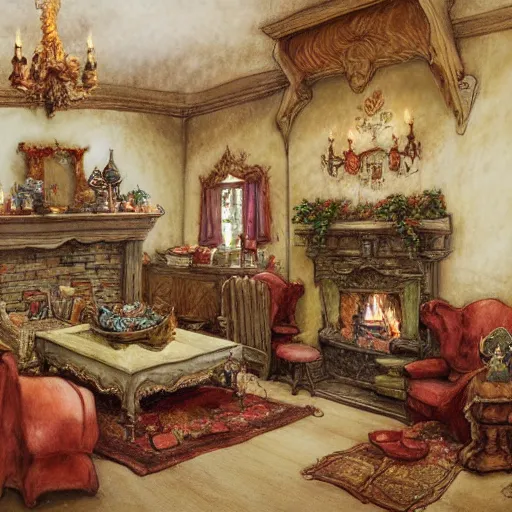 Image similar to inside a gingerbread house living room decorated in a grand fashion, a detailed matte painting by anton pieck, deviantart contest winner, fantasy art, concept art, official art, matte drawing