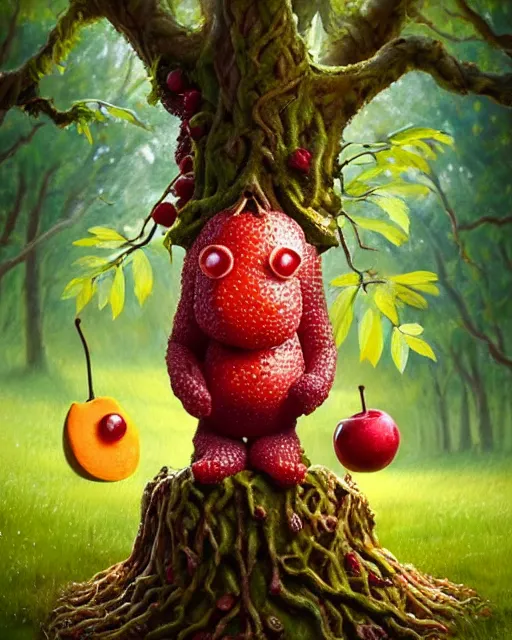 Prompt: portrait of a fruit figurine monster made of different fruit, standing in a forest, staring wide open eyes, open mouth, very detailed eyes, trees in the background, sunlight, oil painting, highly detailed, dramatic lighting, hyperrealistic, 8 k, smooth, intricate, artstation, cgsociety, by artgerm, by wlop
