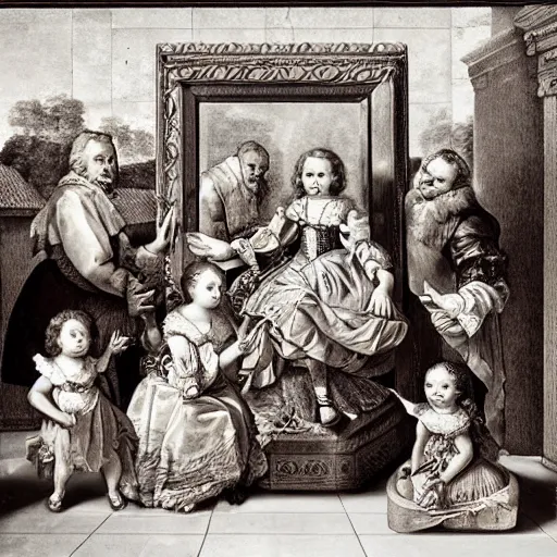 Prompt: family portrait, all subjects posing around a fountain baroque style 1 6 5 6 inspired by diego velasquez