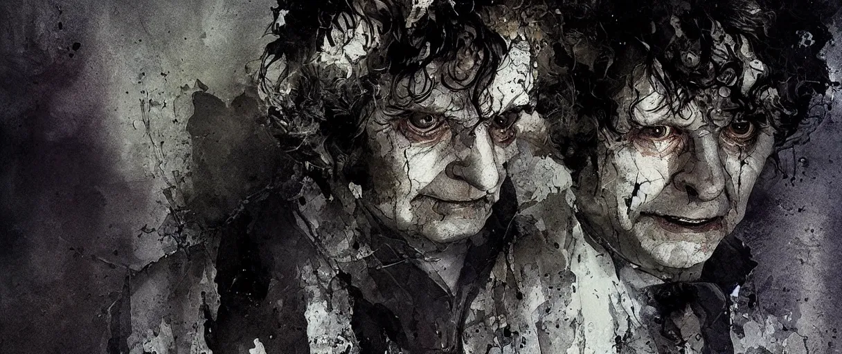 Image similar to portrait of scary bilbo baggins from lord of the rings by emil melmoth zdzislaw beksinki craig mullins yoji shinkawa realistic render ominous detailed photo atmospheric by jeremy mann francis bacon and agnes cecile ink drips paint smears digital glitches glitchart