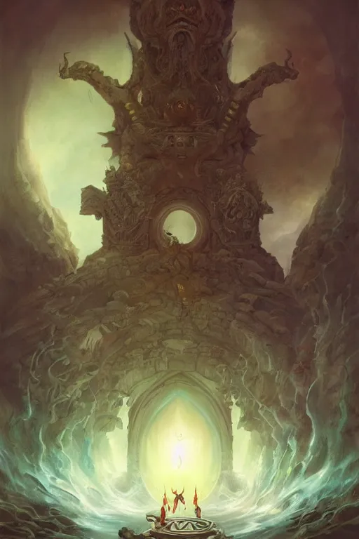 Image similar to Vajrayana Portal to the Damned Yokai Kingdom, the Temple of Fallen Stars, the ancient city of the Sleeping Terror, by Peter Mohrbacher