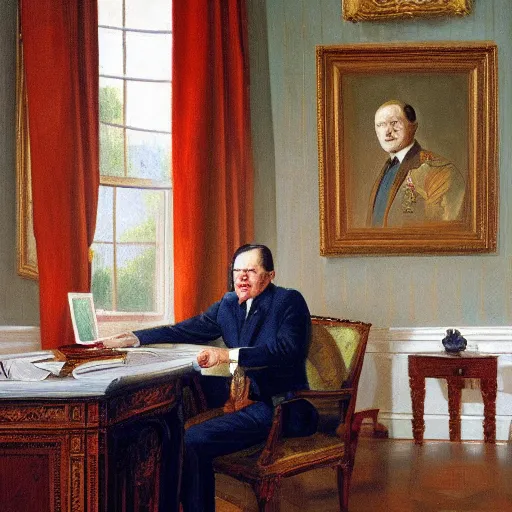 Prompt: senator armstrong sitting in oval office, oil painting, presidential portrait