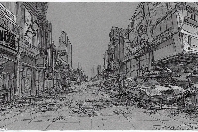 Prompt: Moebius drawing of a post apocalyptic city street