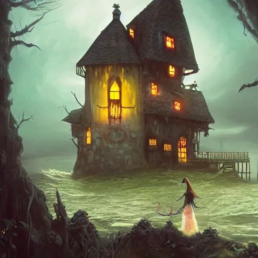Prompt: a realistic scary witch in front of a witch house which is made out of candy, floating on the ocean, epic scene, fantasy, cinematic, hyper - detailed, in the style of greg rutkowski