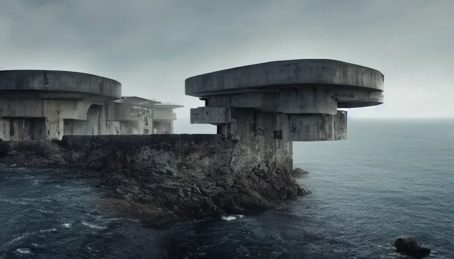 Image similar to coastal perched on a cliff overlooking a magnificient bay, brutalist imperial military base, drawing architecture, ultra very long shot, top angle, imperial architecture in rogue one, pritzker architecture prize, brutalism architecture, jan urschel, greig fraser