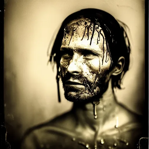 Image similar to A wet-collodion portrait of a man who comes back from a horrific war, he stares into the distance as his eyes show glimmers of hope, depth of field, 50mm lens, studio lighting, high contrast