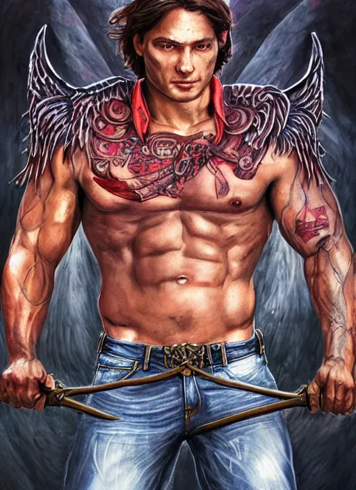 Prompt: high Fantasy Sam Winchester is a muscular armoured angel holding swords angei wings wide open, teared apart T-Shirt and jeans, red Sneakers, whole body tattooed with runes and satanic symbols, D&D!, fantasy style, sharp focus!, ultra detailed, art by Artgerm and Peter Andrew Jones, WLUP