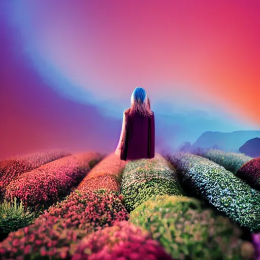 Image similar to A picture of a planet of various colors and plants, in which the human figure is dressed in something magical and impressive, inside the picture is infinity, sunset light, Atmospheric phenomenon, artistic photography, muted colors, conceptual