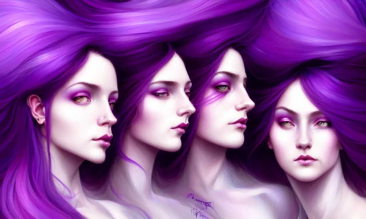 Image similar to Purple hair relistic Portrait of a two woman with bright colored flying hair, all shades of purple. Beauty face, Hair coloring, fantasy, intricate, elegant, highly detailed, digital painting, artstation, concept art, smooth, sharp focus, illustration, art by artgerm and greg rutkowski and alphonse mucha