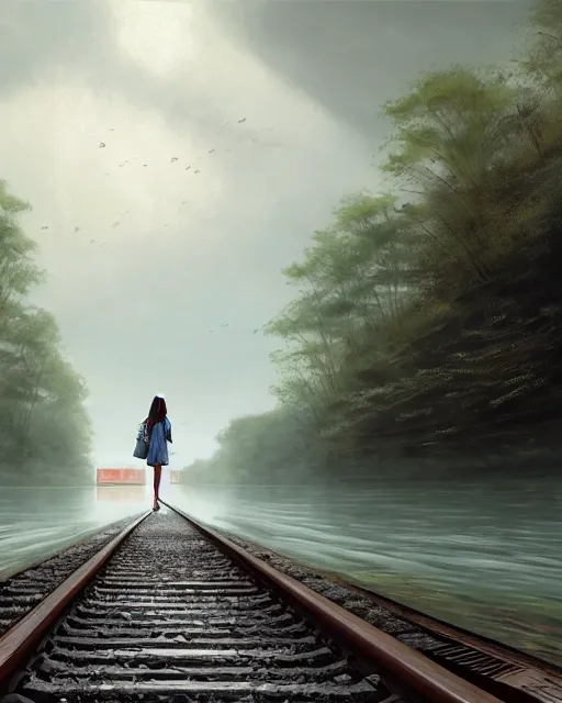 Image similar to photo of girl walking along train tracks that are submerged under a few inches of reflective water toward a station in the distance, wide horizon, large white clouds, intricate, elegant, highly detailed, digital painting, artstation, concept art, smooth, sharp focus, illustration, art by artgerm and greg rutkowski and fra angelico