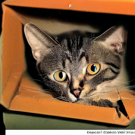 Image similar to full - color 1 9 3 5 photo of schrodinger's cat inside the experimental box. the cat is alive and dead at the same time. the box contains a flask of poison and a radioactive source and a geiger counter. the flask is broken or unbroken. professional science - journal photography.