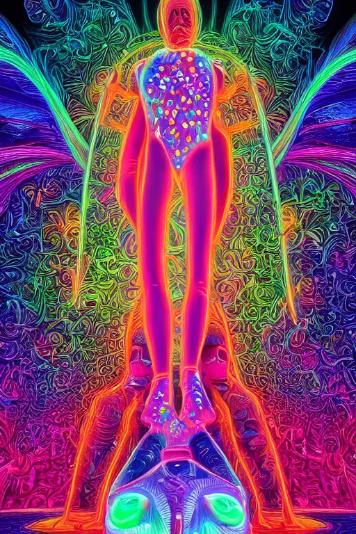 Image similar to a detailed digital neon illustration of the burningman statue in the style of Alex Grey, lisa frank, beeple, dan mumford. maya render, trending on artstation, greg rutkowski very coherent symmetrical artwork, psychedelic, fantasy, 8k, ornate, intricate, symmetry, cinematic, hyper realism, high detail, octane render, 8k, iridescent accents