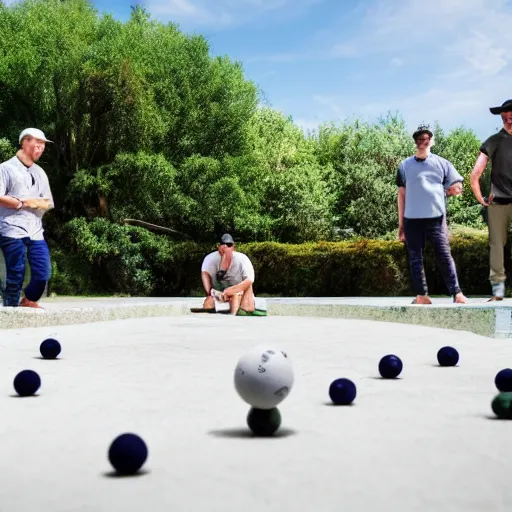 Image similar to a professional photograph of crocodiles playing petanque, wide angle, 4 k