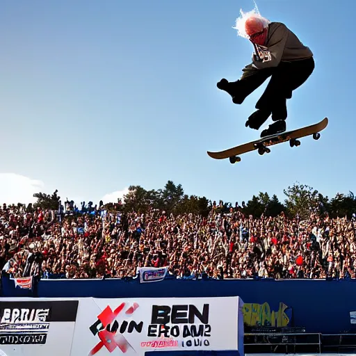 Prompt: bernie sanders skating in the x games backflip photography 4 k espn