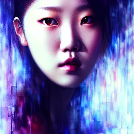 Image similar to roseanne park of blackpink, hyperrealistic portrait, bladerunner street, by karol bak and agnes cecile, fantasy art, photo realistic, dynamic lighting, artstation, poster, volumetric lighting, very detailed face, intricate complexity, rule of thirds, 8 k, award winning