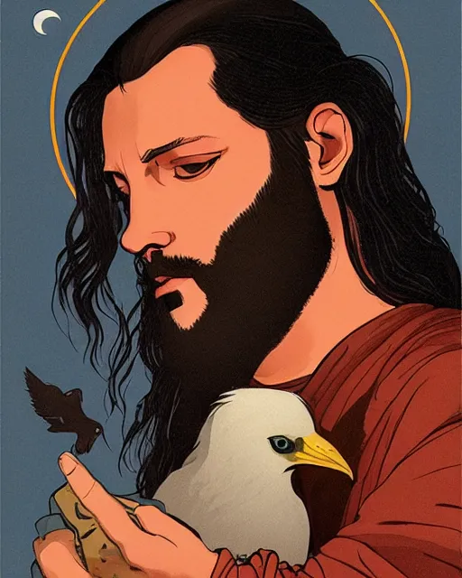 Prompt: portrait of a man with long black hair and beard holding a bird in his hands, full moon in the background, fine portrait, beautiful, concept art, by tomer hanuka, by jan vermeer