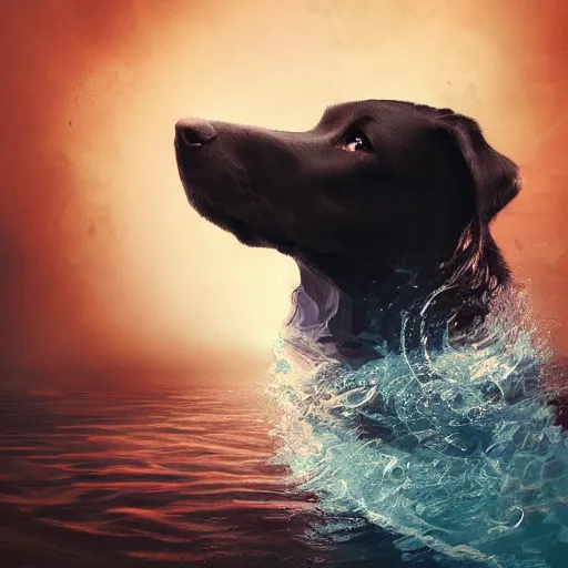 Image similar to dog in the water, stylized, artgerm, artstation, hd, cgsociety, cgi, realistic, dramatic, cinematic, artistic, trending, detailed