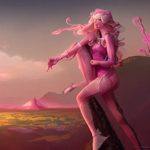 Image similar to Pink Vapor Enchantress Overlooking her Village, illustration, digital art, illustration, artgerm, cgsociety, fantasy, magic