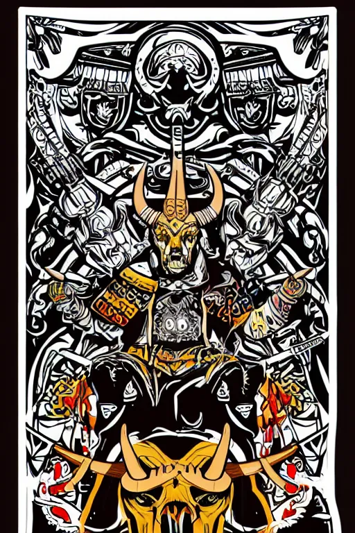 Image similar to A portrait of a bull as evil warlord general on skull throne, sticker, Anthropomorphized, portrait, highly detailed, colorful, illustration, smooth and clean vector curves, no jagged lines, vector art, smooth