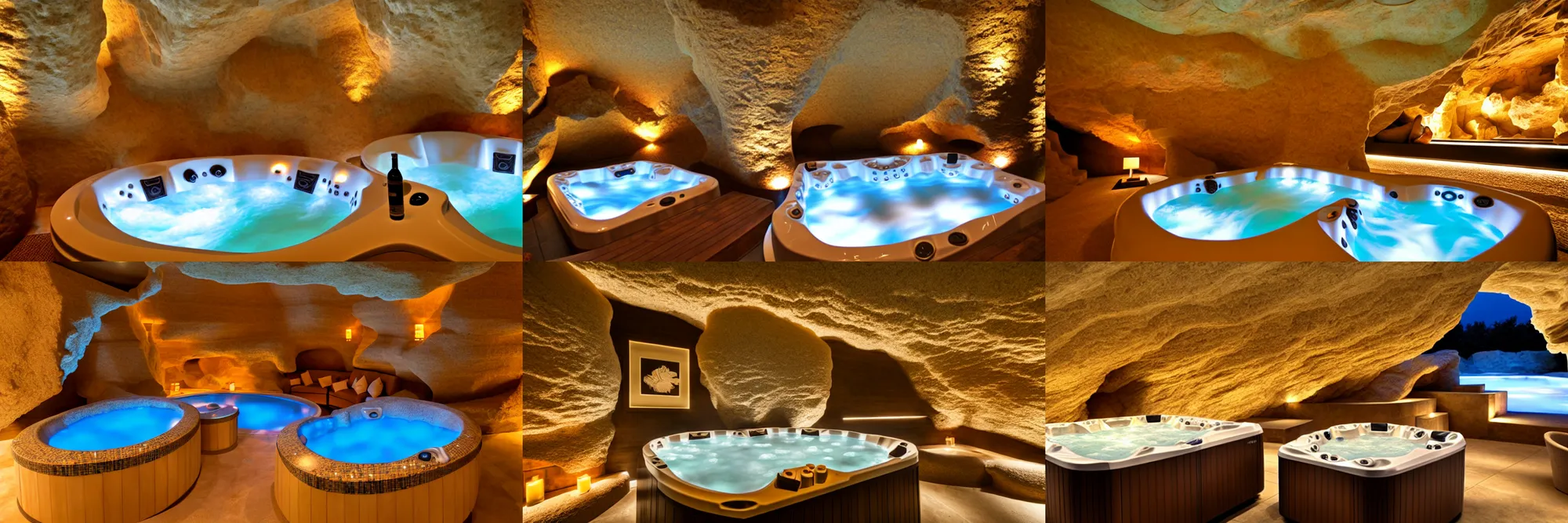 Prompt: premium hot tub and bar design, inspired by beige calcite caves, chicago, shanghai, penthouse