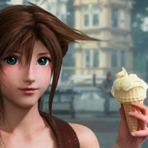 Image similar to Aerith Gainsborough from Final Fantasy VII Remake eating an ice cream cone