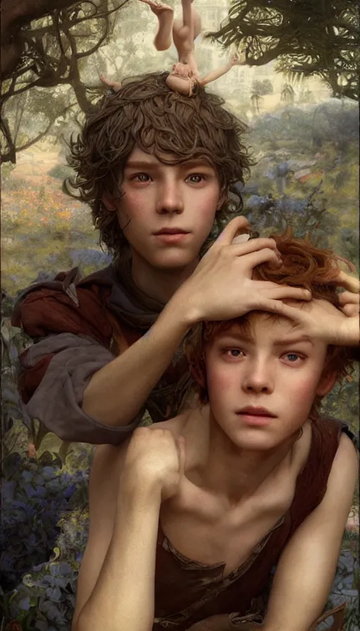 Image similar to epic masterpiece portrait peter pan and wendy, sweaty skin, hyperrealistic, octane render, cinematic, beautiful face and flawless skin, perfect hands, 5 fingers, by Edgar Maxence and Ross Tran and Michael Whelan, Legends of Runeterra