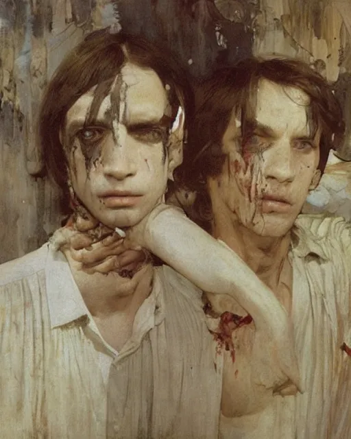 Prompt: two handsome but creepy siblings in layers of fear, with haunted eyes, 1 9 7 0 s, seventies, wallpaper, a little blood, moonlight showing injuries, delicate embellishments, painterly, offset printing technique, by coby whitmore, jules bastien - lepage